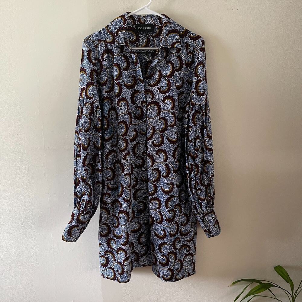 Demestik Puff Sleeve Shirt Dress Womens Large Cotton Wax Print Pocket Maxi Tunic